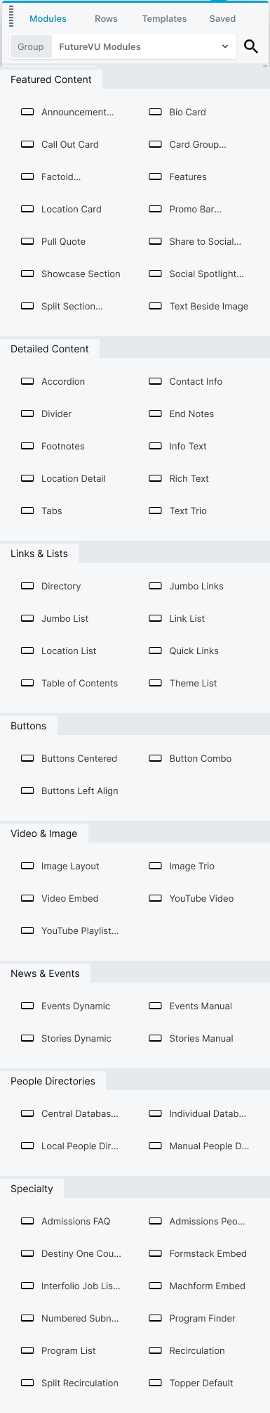 The redesigned BeaverBuilder component sidebar with components organized into labeled categories: Featured Content, Detailed Content, Links & Lists, and more.