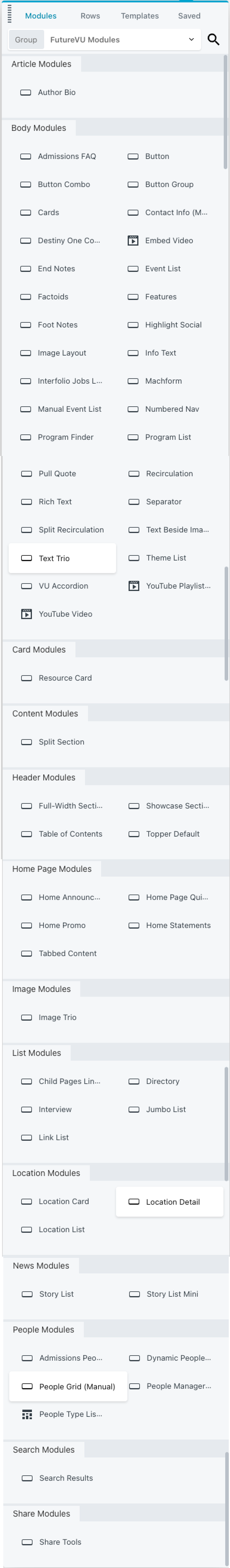 The original BeaverBuilder component sidebar showing one large ungrouped list of components under a single 'Body Modules' category.