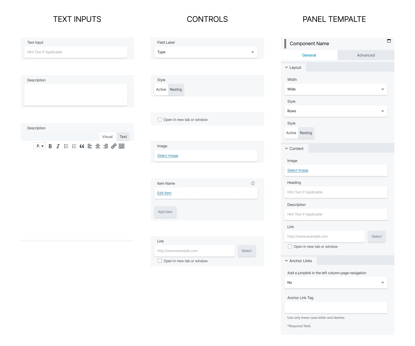 A Figma component library of standardized BeaverBuilder panel controls, including dropdowns, segmented buttons, text fields, checkboxes, and instructional text patterns.
