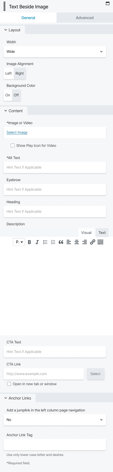 The redesigned BeaverBuilder panel for the Text Beside Image component, showing a logically organized layout with standardized controls.