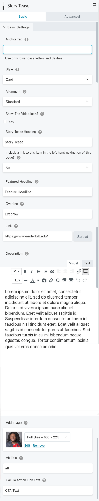 The original BeaverBuilder panel for the Story Tease component, showing a disorganized layout with inconsistent control types.