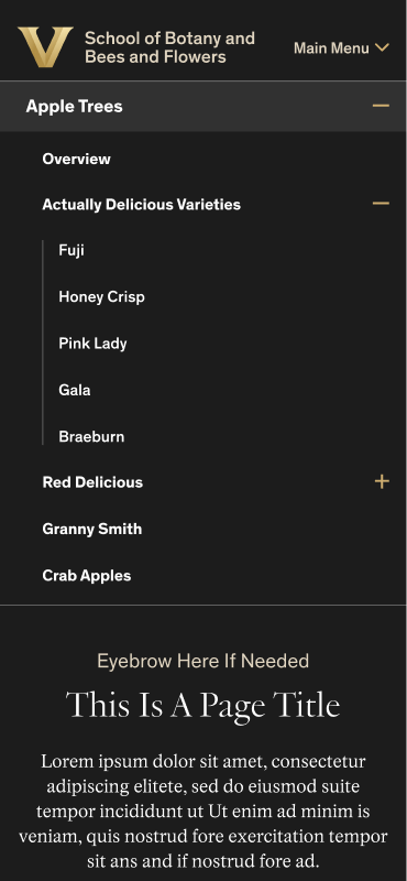 The final mobile design showing the Secondary Navigation dropdown open, with sub-navigation items grouped by section.
