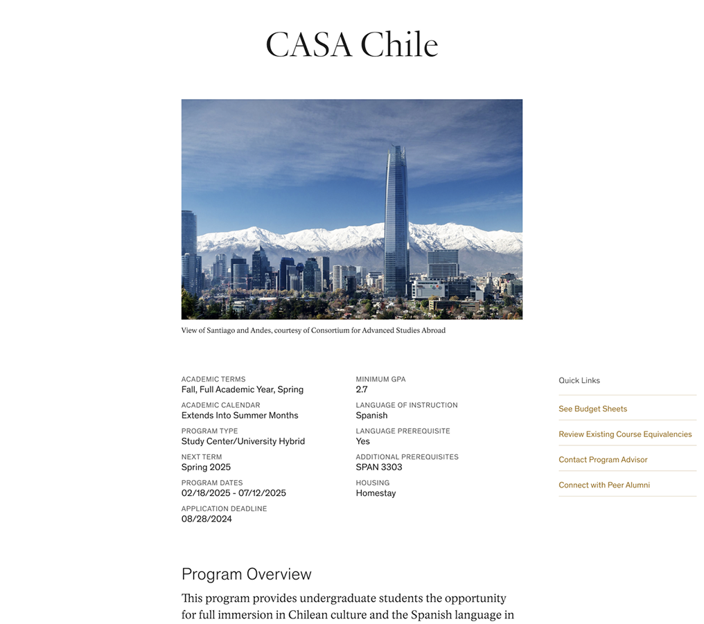The redesigned study abroad program brochure page with a cleaner layout, clearer heading structure, and important links moved to the sidebar.
