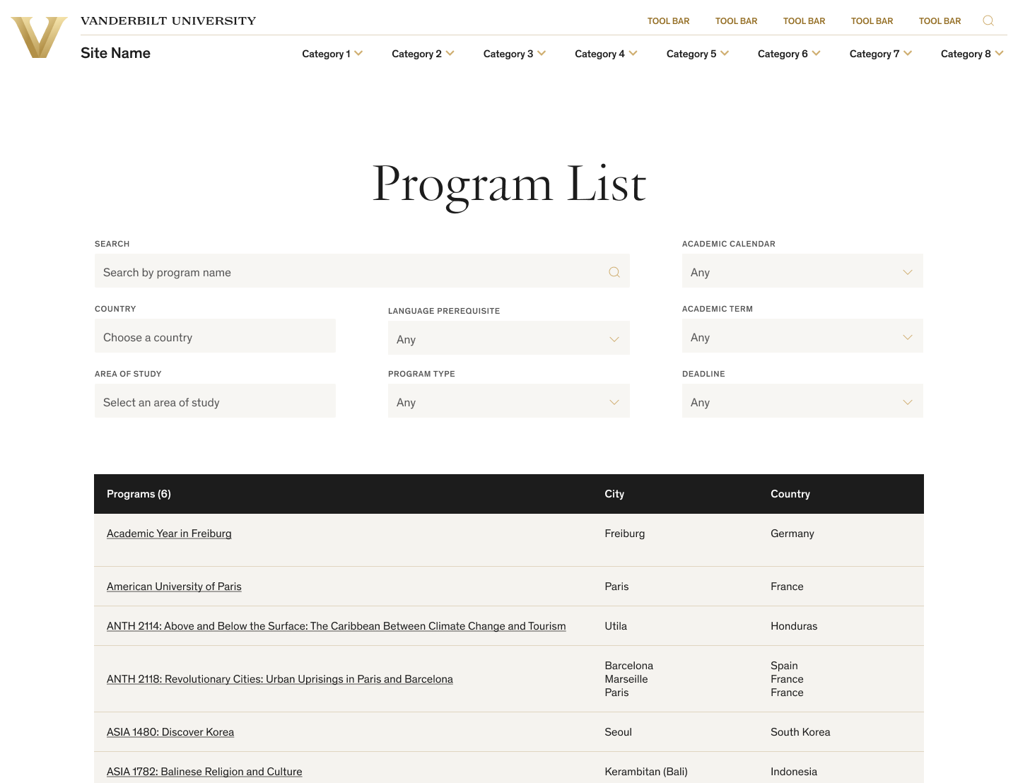 A non-final design showing the search filters above a live-updating program list below — a browsing approach that was ultimately ruled out due to technical constraints.