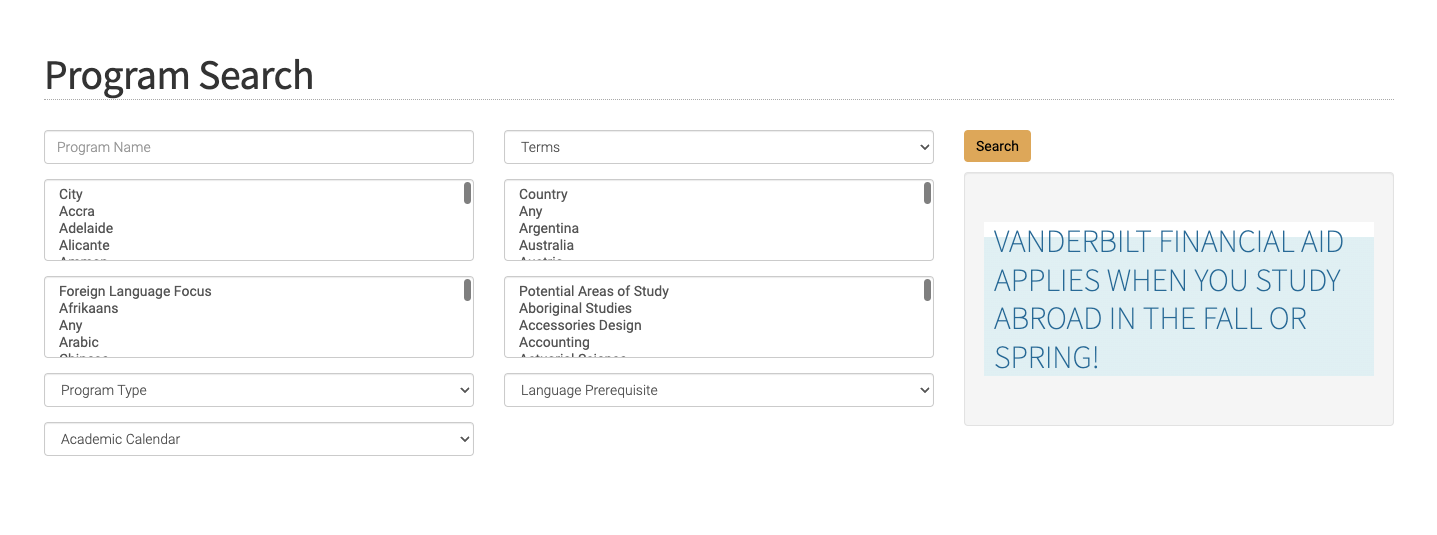A screenshot of the original Vanderbilt study abroad search tool, showing a long list of filter dropdowns with poor labeling and usability issues.