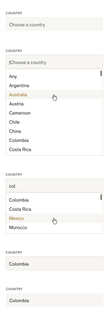 A storyboard showing five states of the typeahead control: rest, active with dropdown open, search with characters entered and filtered results, selected, and next-click state.